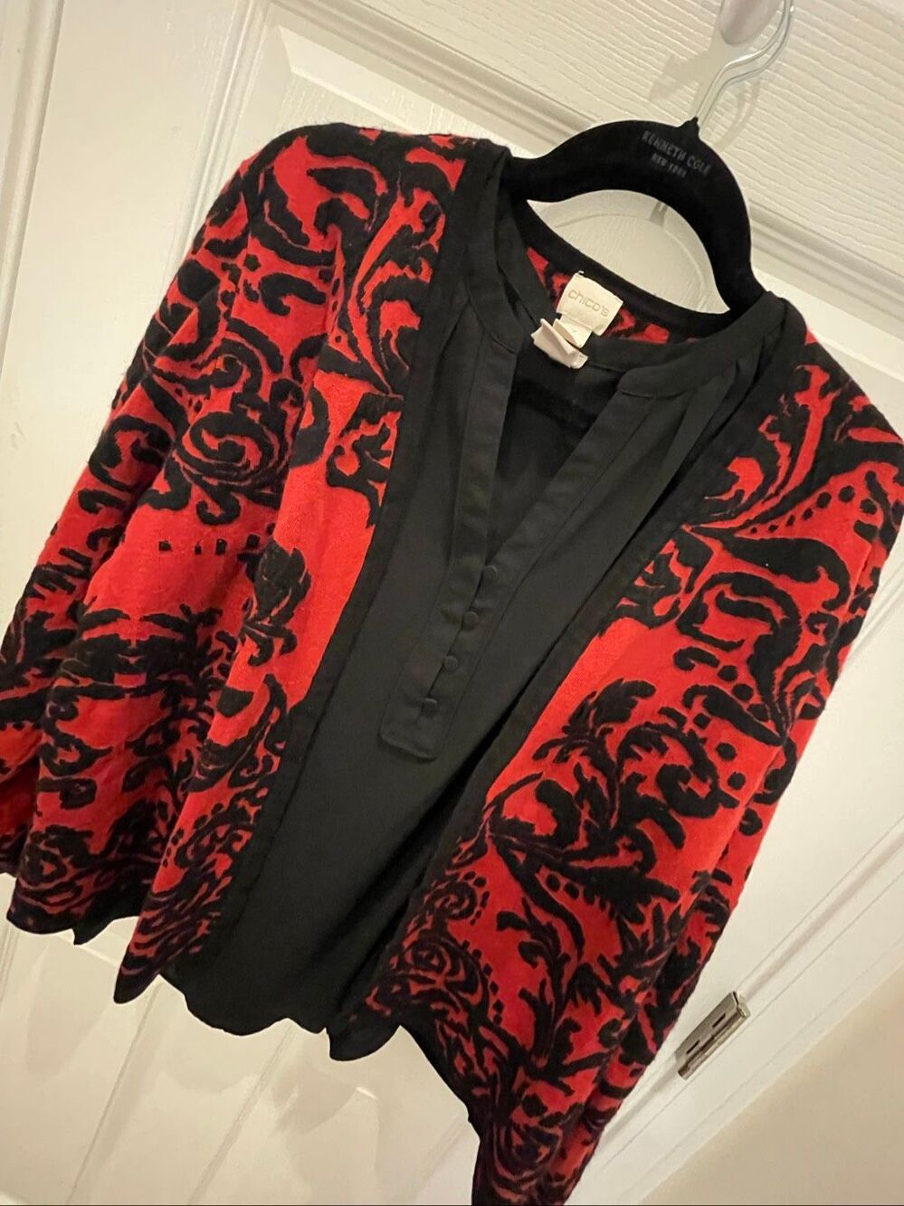 Chico’s Size 3 16/18 Red Black Damask Cardigan & Black Blouse Bundle
